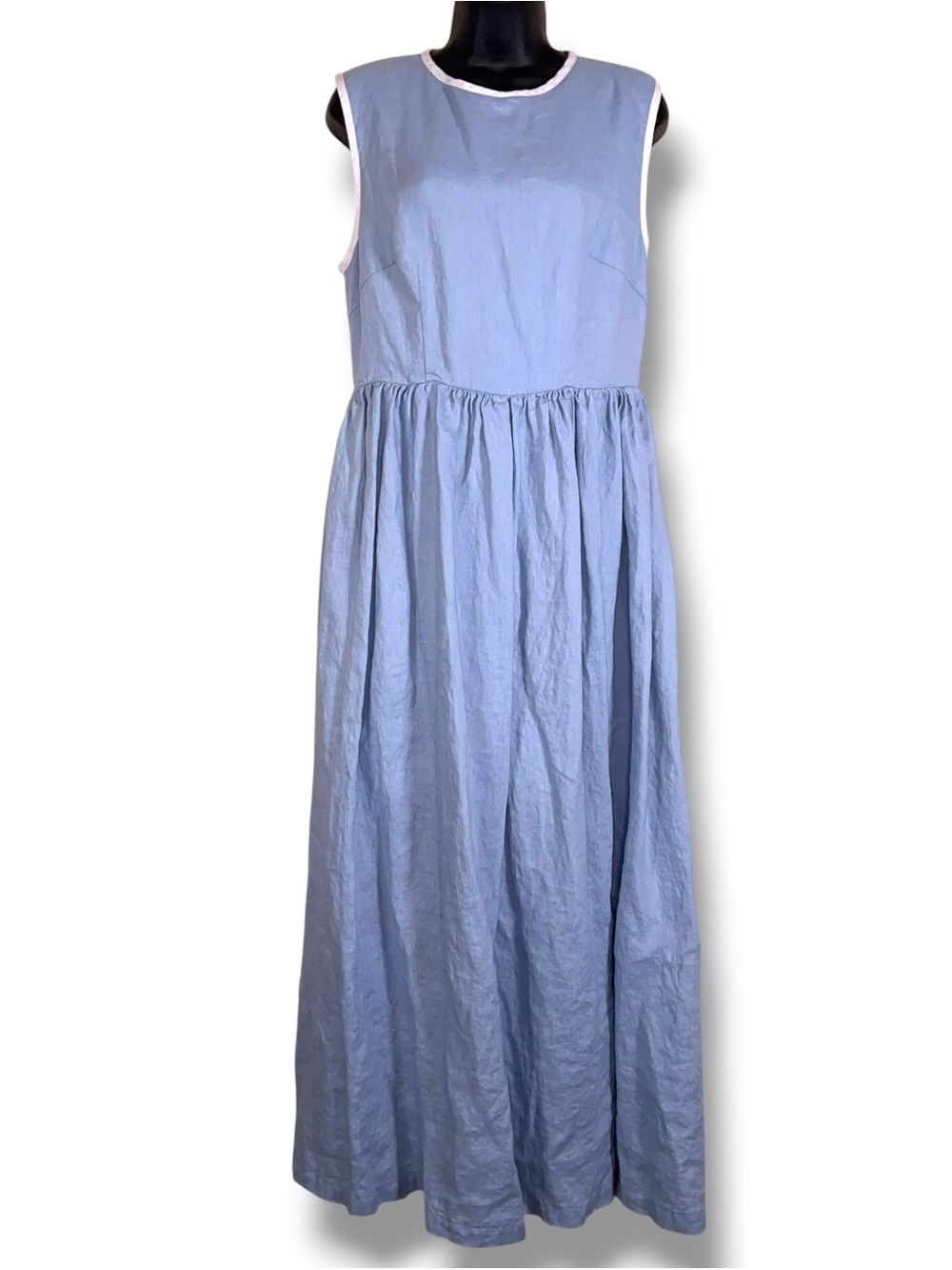 Small Sol Linen Pastel Blue White Trim Lined Dress Maxi Lightweight Sleeveless